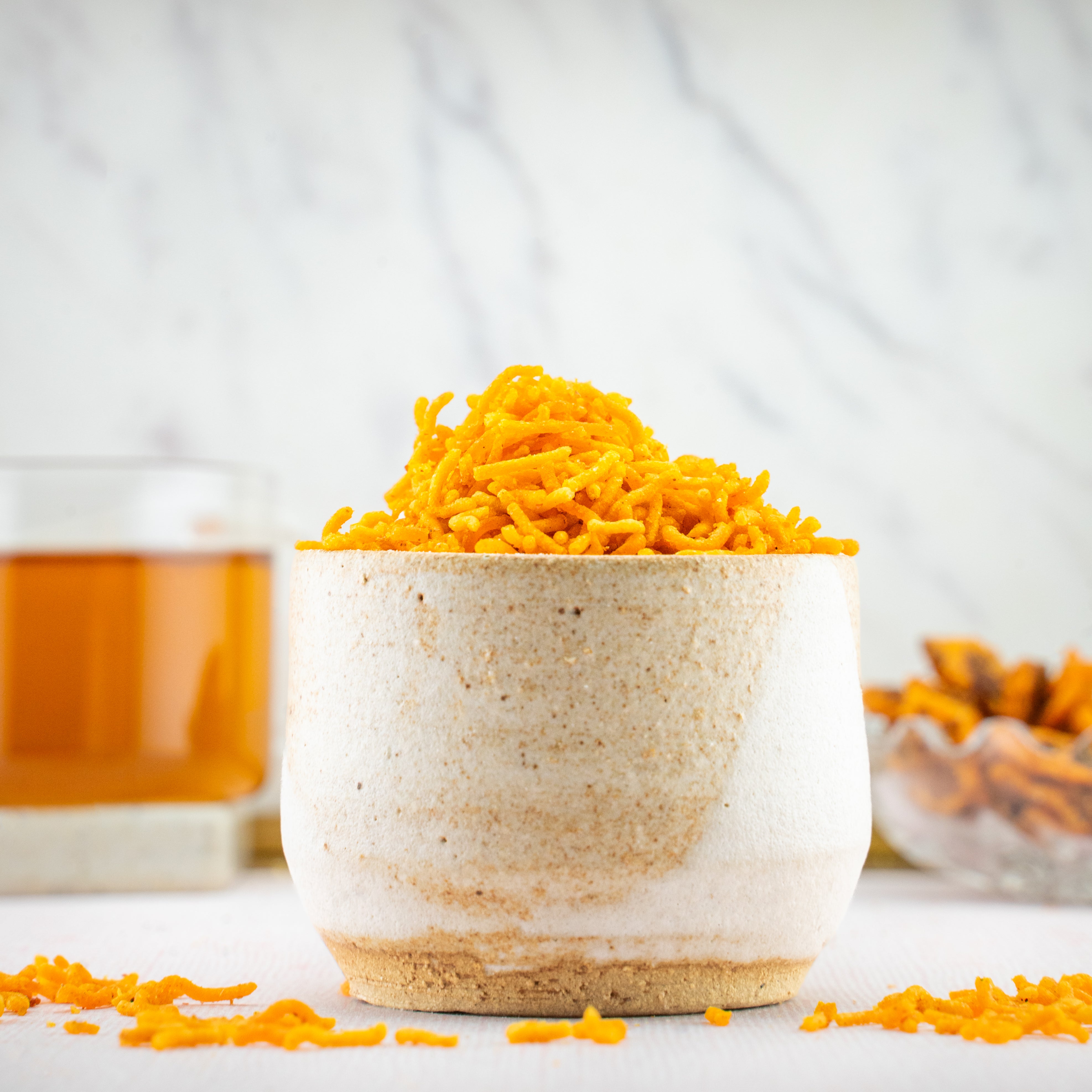 Crispy Bhuja Sev snack in close-up with vibrant Indian flavor profile