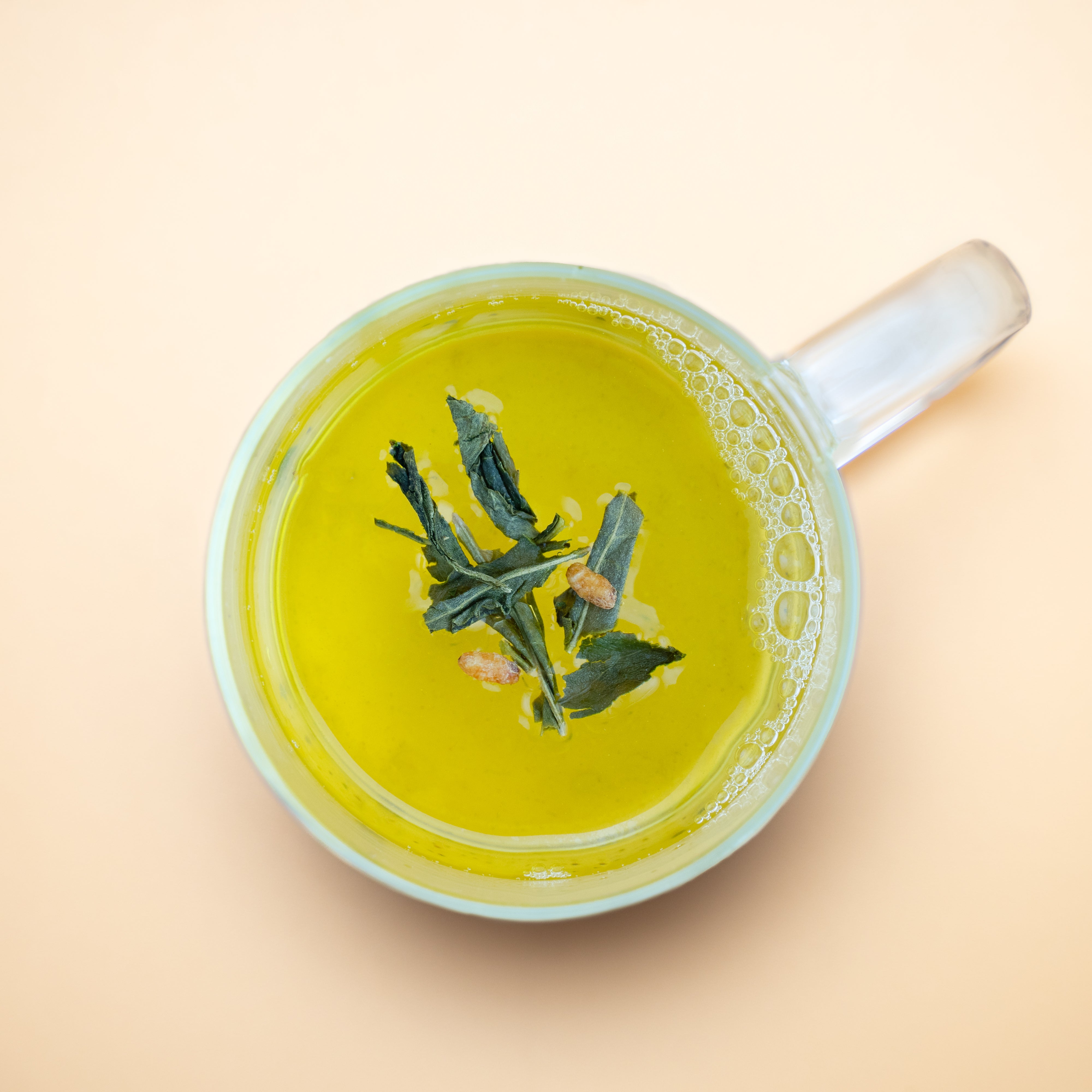 Japanese Genmaicha loose green tea with roasted rice in natural tones
