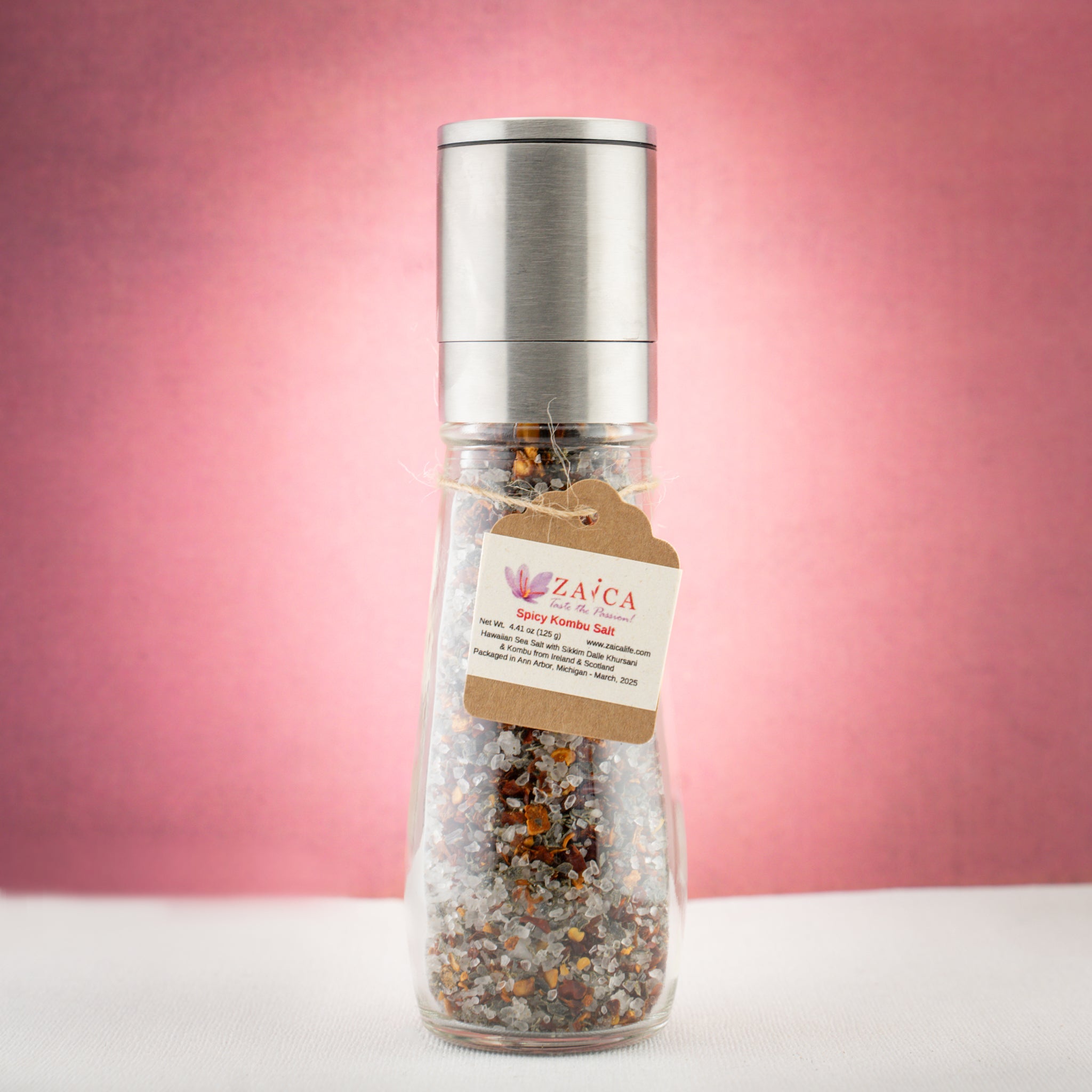 Spicy Kombu seasoning in stainless steel mill from Zaica Life spice collection