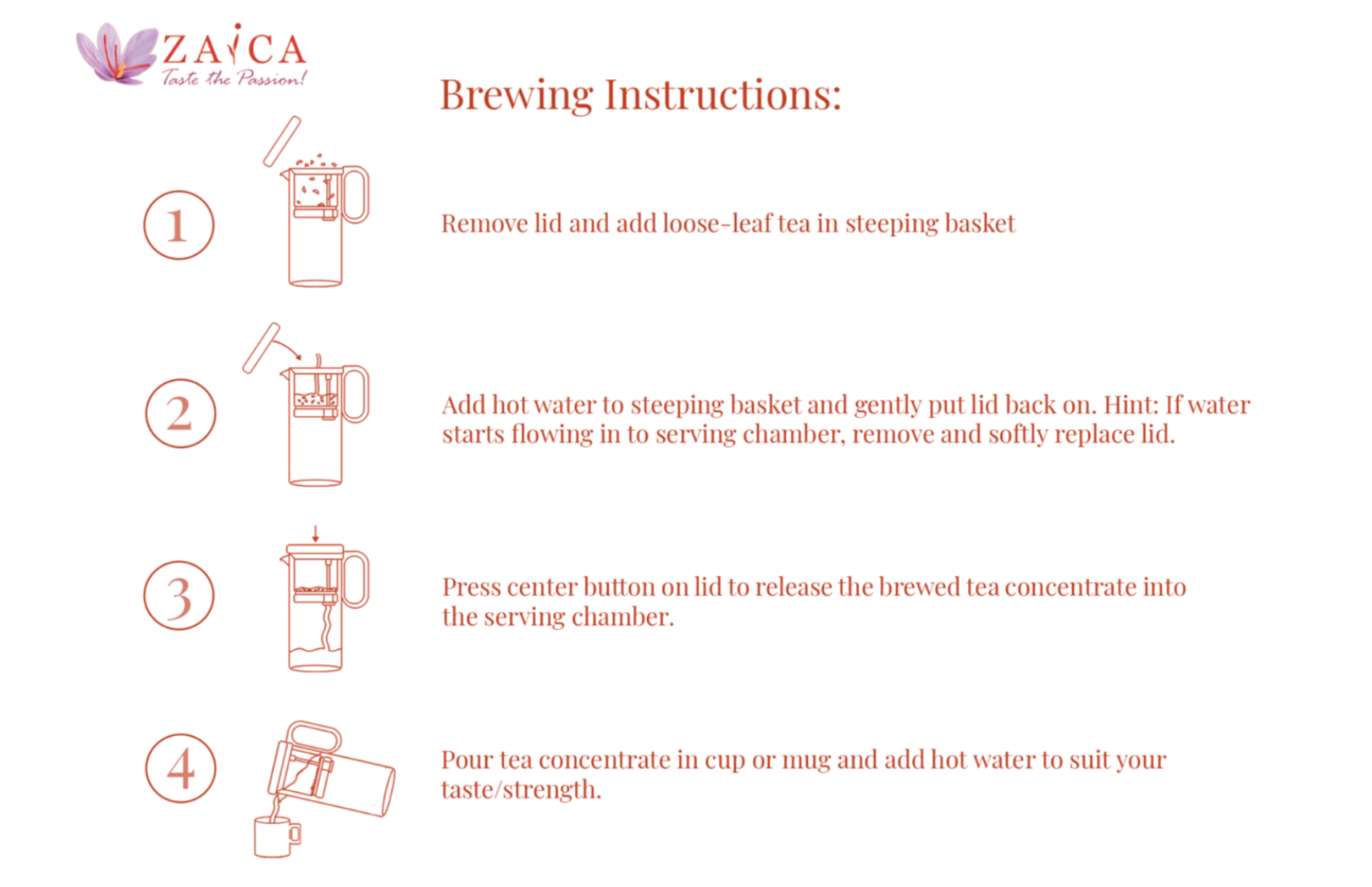 Brewing instructions for a tea infuser with step-by-step illustrations on a white background.