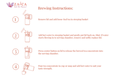 Brewing instructions for a tea infuser with step-by-step illustrations on a white background.